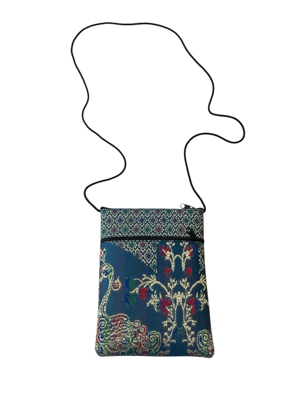 Women’s woven fabric crossbody sling bag peacock and floral tapestry design